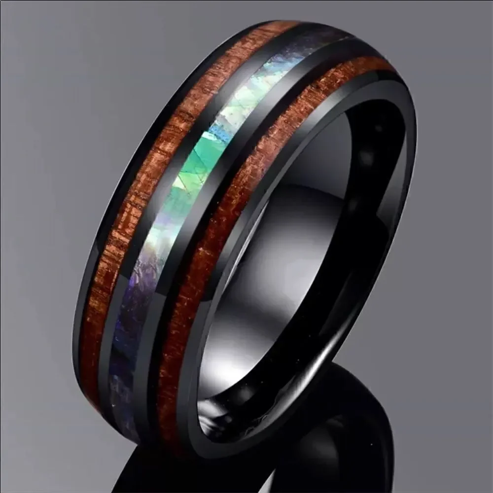 Unisex Tungsten Hawaiian KOA Wood Abalone Ring